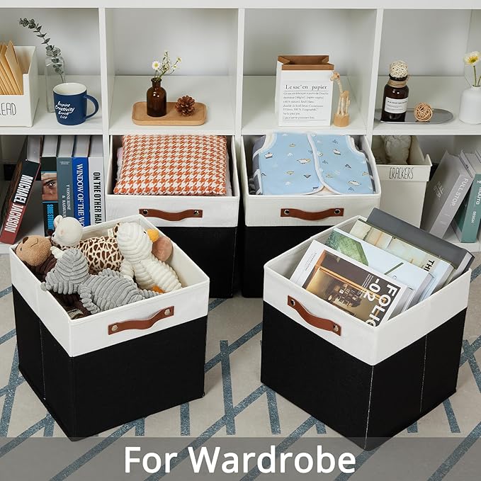 DULLEMELO Storage Cubes 13 inch,Cube Storage Bins with Handles for Organizing,Fabric Storage Baskets for Shelves Nursery Closet Home Organization (White&Black-4 Pack)