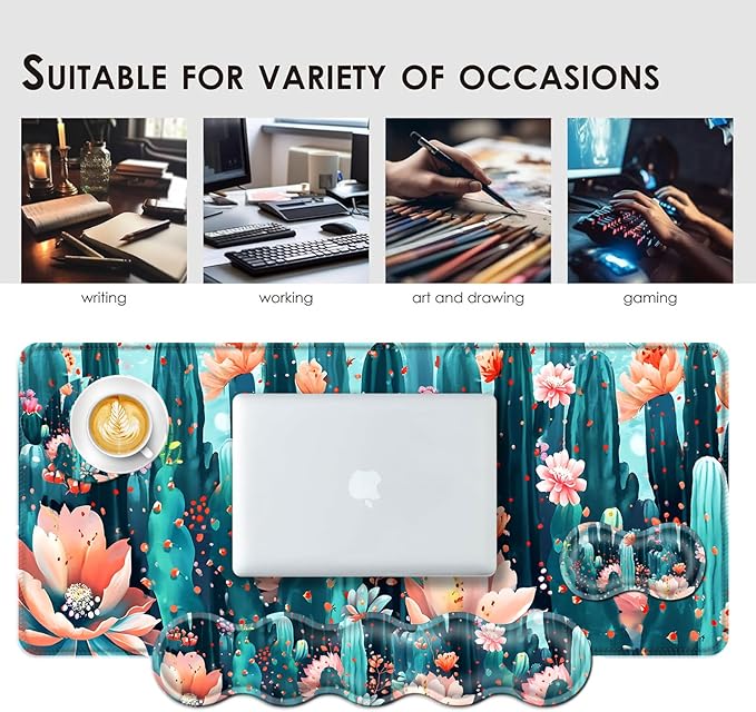 Large Keyboard Mouse Pad Set, Extended Mouse Pad+Keyboard Wrist Rest Support, Memory Foam Ergonomic Easy Typing, 4Pcs (31.5×11.8 in) Desk Pad Set for Office Home,Cute Cactus Blooming Flowers