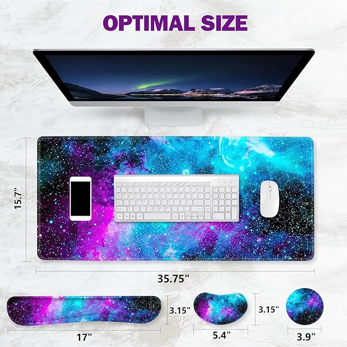 ToLuLu Extended Gaming Mouse Pad, Memory Foam Ergonomic Keyboard Mouse Wrist Rest Support Set, Large Desk Mat with Stitched Edges, Non-Slip Base Mousepad for Home Office Game and Study, Nebula Galaxy