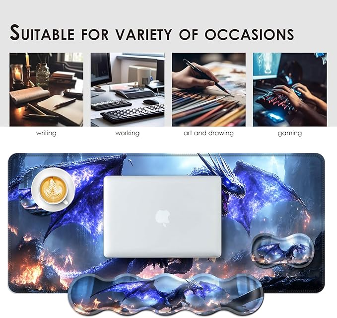 Large Keyboard Mouse Pad Set, Extended Mouse Pad+Keyboard Wrist Rest Support, Memory Foam Ergonomic Easy Typing, 4Pcs (31.5×11.8 in) Desk Pad Set for Office Home,Fantasy Dragon
