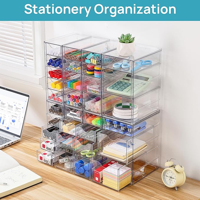 Vtopmart Acrylic Organizer with 32 Drawers, Desk Organizers and Accessories, Clear Makeup Organization, Dustproof Storage Drawers for Office Art Craft Supplies