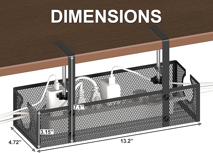 Under Desk Cable Management Tray - Fits up to 1.77" Thick Desks, No-Drill Clamp-on Wire Organizer, Reversible Inward/Outward Install, Heavy Duty Metal Power Strip Holder for Home Office & Gaming Desk