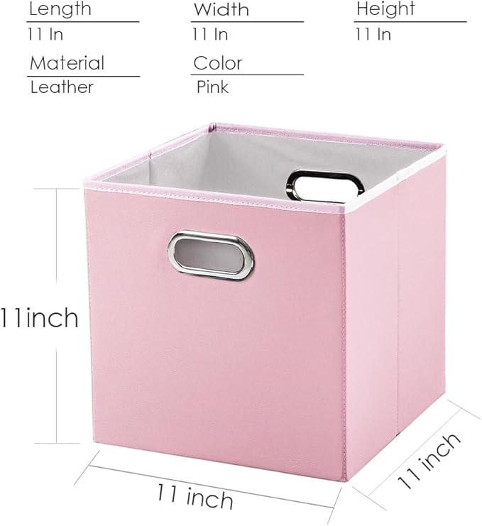 PRANDOM Leather Foldable Cube Storage Bins 11x11 inch [4-Pack] Fabric Storage Baskets Cubes Drawer with Cotton Handles Organizer for Shelves Nursery Closet Bedroom Clothes Pink