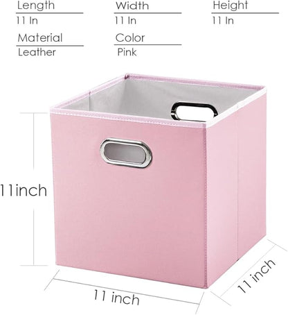 PRANDOM Leather Foldable Cube Storage Bins 11x11 inch [2-Pack] Fabric Storage Baskets Cubes Drawer with Cotton Handles Organizer for Shelves Nursery Closet Bedroom Clothes Pink