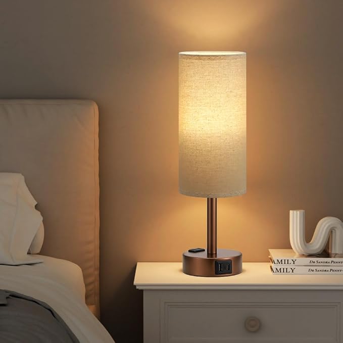 Fenmzee Brown Bedside Table Lamp for Bedroom - 3 Way Dimmable Touch Lamp USB C Charging Ports and AC Outlet, Small Lamp Round Flaxen Fabric Shade for Living Room, Desk, LED Bulb Included