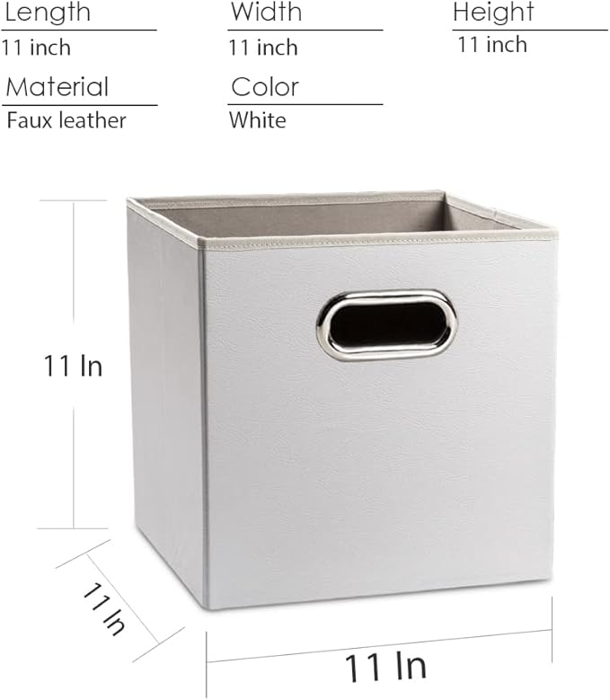 PRANDOM Leather Foldable Cube Storage Bins 11x11 inch [2-Pack] Fabric Storage Baskets Cubes Drawer with Cotton Handles Organizer for Shelves Nursery Closet Bedroom Clothes White