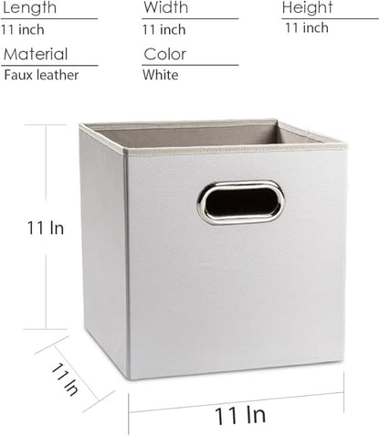 PRANDOM Leather Foldable Cube Storage Bins 11x11 inch [2-Pack] Fabric Storage Baskets Cubes Drawer with Cotton Handles Organizer for Shelves Nursery Closet Bedroom Clothes White