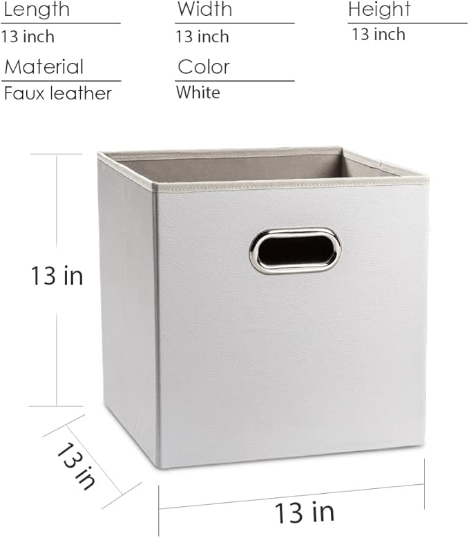 PRANDOM Leather Foldable Cube Storage Bins 13x13 inch [4-Pack] Fabric Storage Baskets Cubes Drawer with Cotton Handles Organizer for Shelves Nursery Closet Bedroom Clothes White
