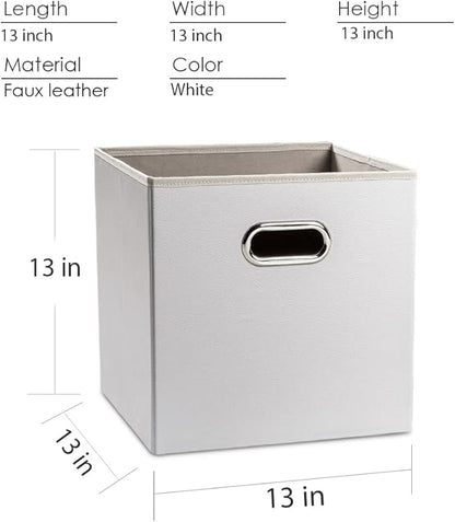 PRANDOM Leather Foldable Cube Storage Bins 13x13 inch [2-Pack] Fabric Storage Baskets Cubes Drawer with Cotton Handles Organizer for Shelves Nursery Closet Bedroom Clothes White