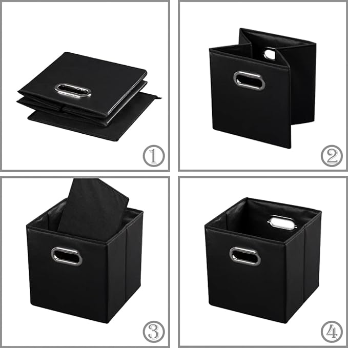 PRANDOM Leather Foldable Cube Storage Bins 13x13 inch [4-Pack] Fabric Storage Baskets Cubes Drawer with Cotton Handles Organizer for Shelves Nursery Closet Bedroom Clothes Black