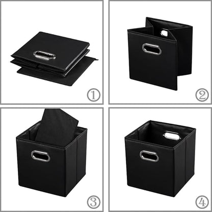 PRANDOM Leather Foldable Cube Storage Bins 13x13 inch [2-Pack] Fabric Storage Baskets Cubes Drawer with Cotton Handles Organizer for Shelves Nursery Closet Bedroom Clothes Black