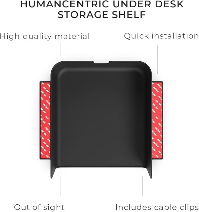 HumanCentric Under Desk Storage Shelf, Drawer Organizer for Office, Workstations, Tables, Sit Stand Desks, Gaming Setups, Mountable Storage Tray, Cable Management, Screw or Stick On with VHB Tape