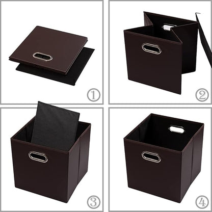 PRANDOM Leather Foldable Cube Storage Bins 11x11 inch [4-Pack] Fabric Storage Baskets Cubes Drawer with Cotton Handles Organizer for Shelves Nursery Closet Bedroom Clothes Brown