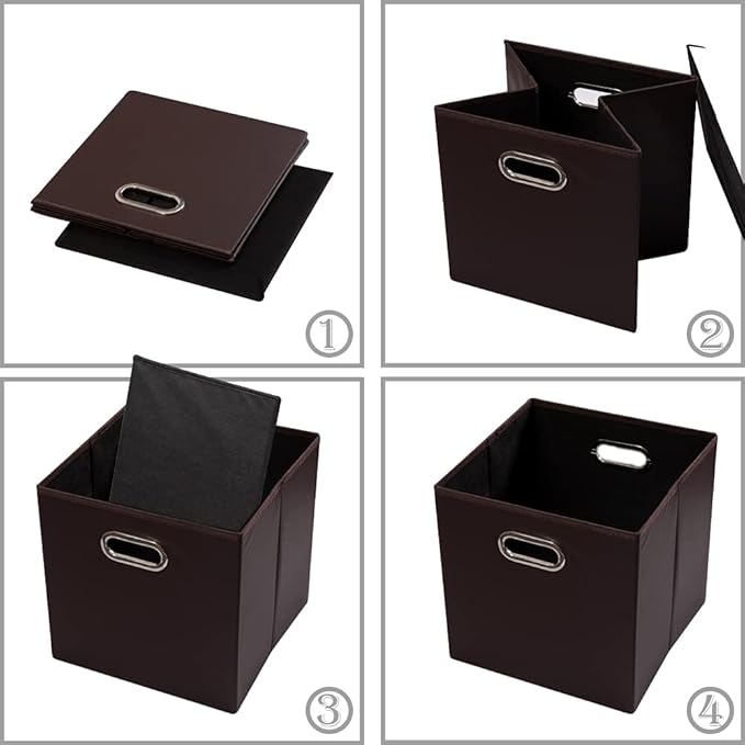 PRANDOM Leather Foldable Cube Storage Bins 11x11 inch [2-Pack] Fabric Storage Baskets Cubes Drawer with Cotton Handles Organizer for Shelves Nursery Closet Bedroom Clothes Brown