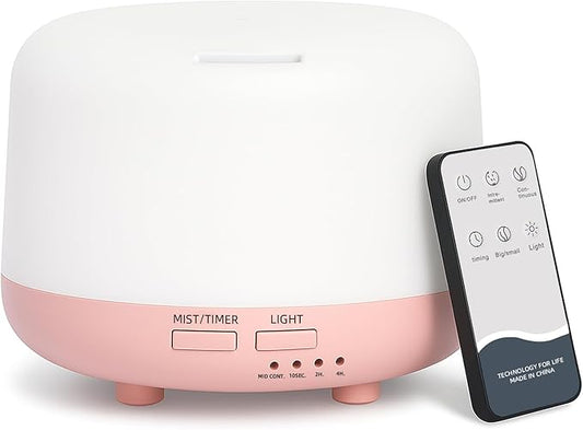 300ML Essential Oil Diffuser, Cool Mist Small Diffuser with Remote Control, 7 Color Changing LED Light, 4 Timer Settings,Waterless Safety Shut Off, for Bedroom, Room, Office(Pink)