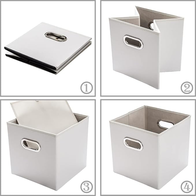 PRANDOM Leather Foldable Cube Storage Bins 11x11 inch [2-Pack] Fabric Storage Baskets Cubes Drawer with Cotton Handles Organizer for Shelves Nursery Closet Bedroom Clothes White