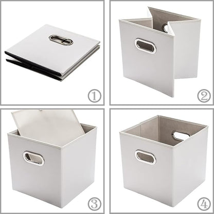 PRANDOM Leather Foldable Cube Storage Bins 13x13 inch [2-Pack] Fabric Storage Baskets Cubes Drawer with Cotton Handles Organizer for Shelves Nursery Closet Bedroom Clothes White