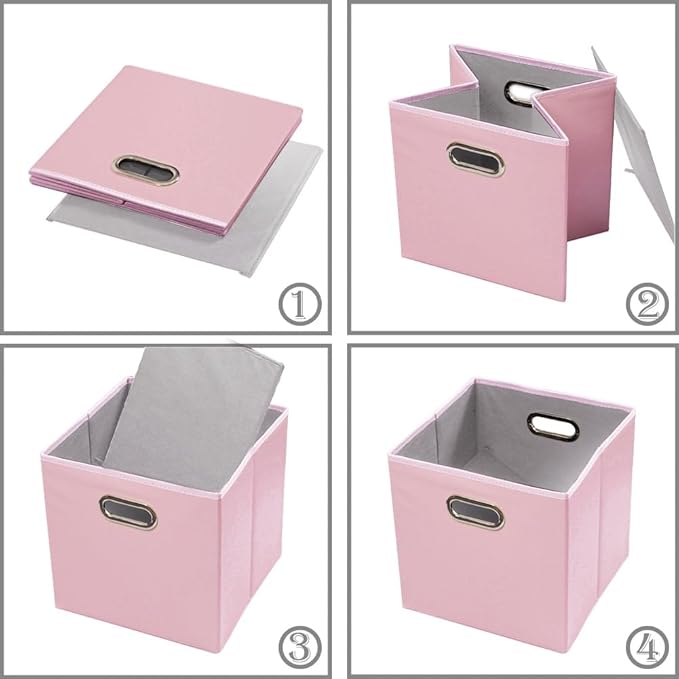 PRANDOM Leather Foldable Cube Storage Bins 11x11 inch [2-Pack] Fabric Storage Baskets Cubes Drawer with Cotton Handles Organizer for Shelves Nursery Closet Bedroom Clothes Pink