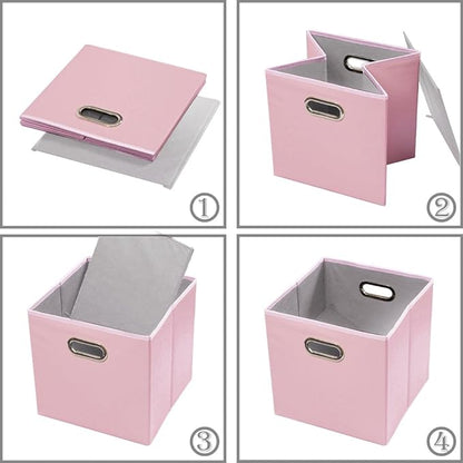 PRANDOM Leather Foldable Cube Storage Bins 11x11 inch [2-Pack] Fabric Storage Baskets Cubes Drawer with Cotton Handles Organizer for Shelves Nursery Closet Bedroom Clothes Pink