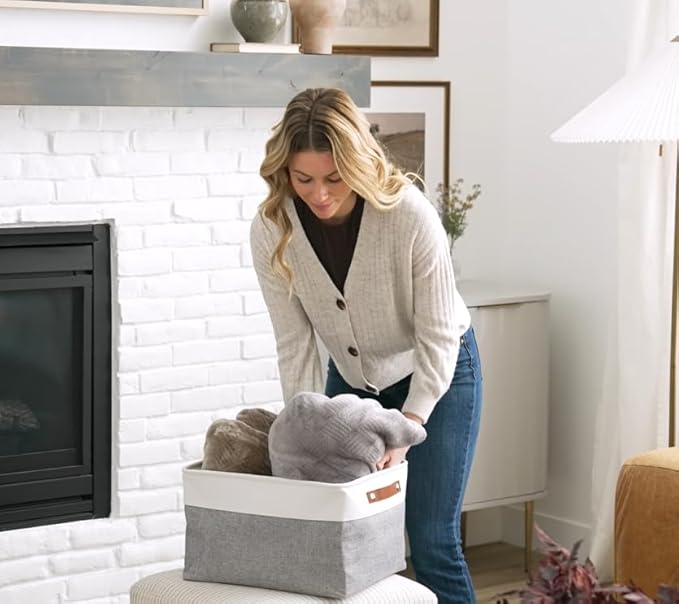 OrganiHaus Extra Large Fabric Storage Baskets for Shelves 3 Pack, 16x13in Closet Storage Bins for Shelves, Canvas Baskets for Organizing, Linen Closet Organizers, Cloth Basket, Gray/Black