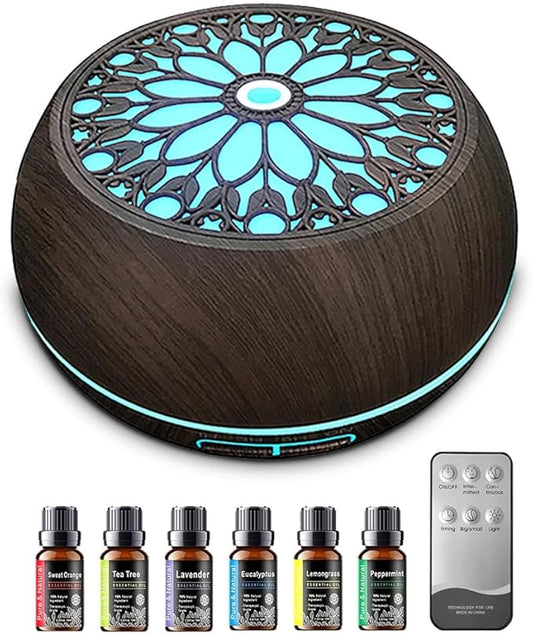 550ml Large Capacity Essential Oil Diffuser with 6 Aromatherapy Oils Set,Ultrasonic Air Humidifier with Timer and 7 Color LED Night Light Waterless Auto-Off Dark Wood Grain