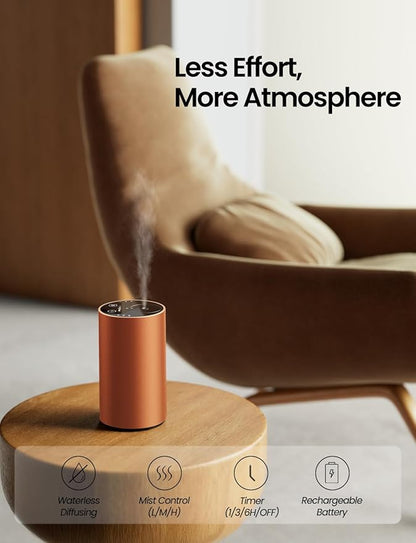 Waterless Essential Oil Diffuser, Rechargeable Scent Diffusers with 3 Mist Levels & Timers, Portable Aromatherapy Diffuser for Home Car Room Studio Office, Cosmic Orange