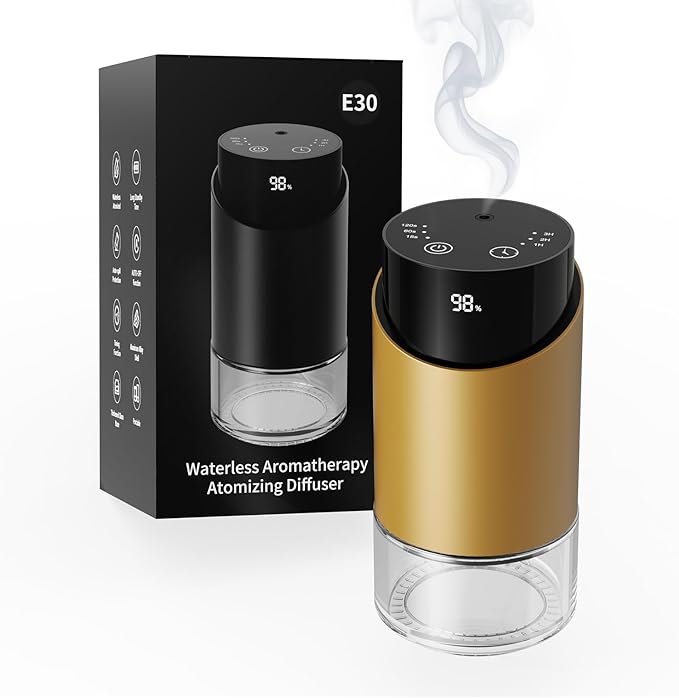 Waterless Essential Oil Diffuser Aromatherapy Scent Diffusers for Home Large Room, Car, Office, Desk, Mini Battery Operated Cordless Air Freshener, 4 Timers & 3 Mist Levels, 100ml Capacity (Golden)