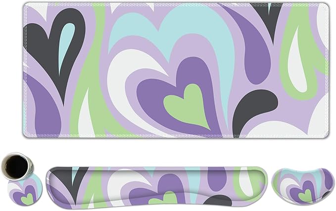 ToLuLu Extended Gaming Mouse Pad, Memory Foam Ergonomic Keyboard Mouse Wrist Rest Support Set, Large Desk Mat with Stitched Edges, Non-Slip Base Mousepad for Home Office Game Study, Purple Hearts