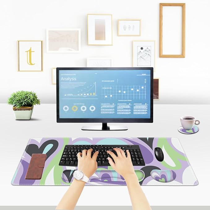 ToLuLu Extended Gaming Mouse Pad, Memory Foam Ergonomic Keyboard Mouse Wrist Rest Support Set, Large Desk Mat with Stitched Edges, Non-Slip Base Mousepad for Home Office Game Study, Purple Hearts