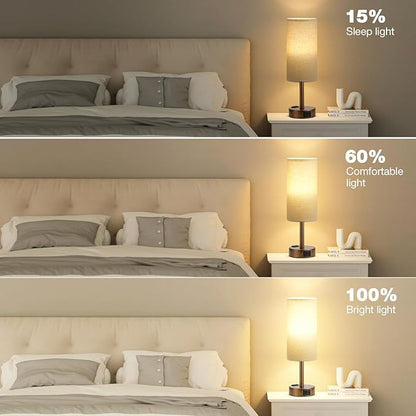 Fenmzee Brown Bedside Table Lamp for Bedroom - 3 Way Dimmable Touch Lamp USB C Charging Ports and AC Outlet, Small Lamp Round Flaxen Fabric Shade for Living Room, Desk, LED Bulb Included