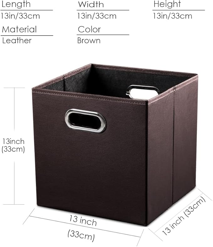 PRANDOM Leather Foldable Cube Storage Bins 13x13 inch [2-Pack] Fabric Storage Baskets Cubes Drawer with Cotton Handles Organizer for Shelves Nursery Closet Bedroom Clothes Brown