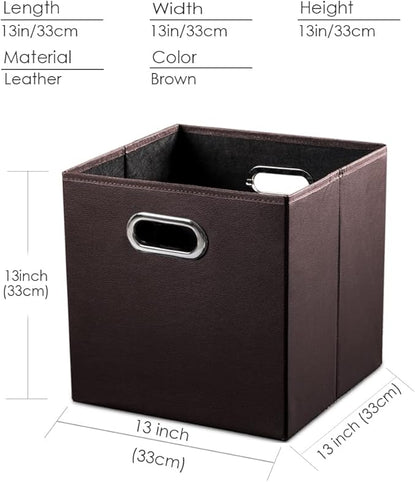 PRANDOM Leather Foldable Cube Storage Bins 13x13 inch [2-Pack] Fabric Storage Baskets Cubes Drawer with Cotton Handles Organizer for Shelves Nursery Closet Bedroom Clothes Brown