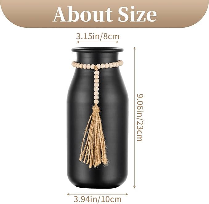 Sziqiqi Black Decorative Flower Vase - 9in Boho Vase with Bead Strings for Pampas Grass Vintage Metal Vases for Table Home Decor Matte Cylinder Vase for Artificial Flowers Rose Twigs