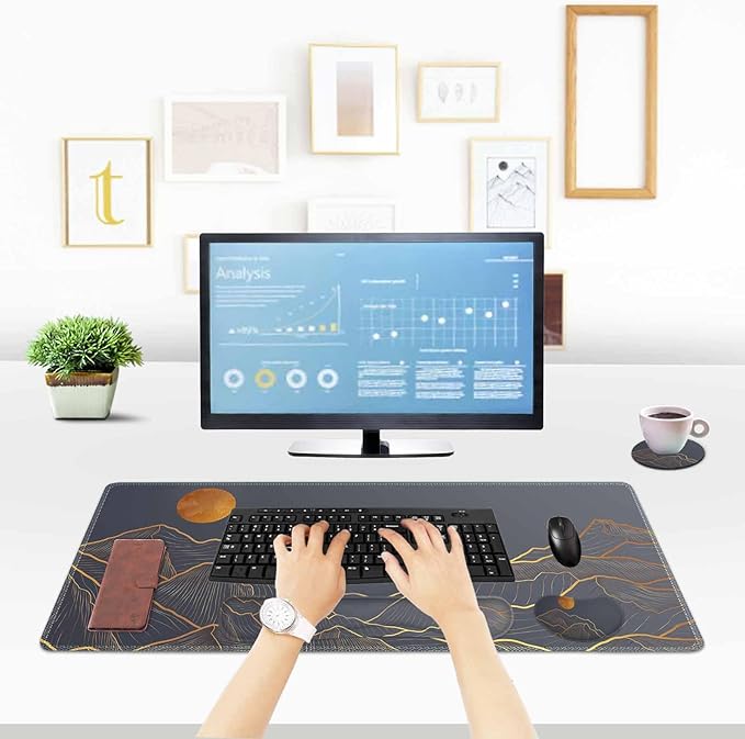ToLuLu Extended Gaming Mouse Pad, Memory Foam Ergonomic Keyboard Mouse Wrist Rest Support Set, Large Desk Mat with Stitched Edges, Non-Slip Base Mousepad for Home Office and Game, Golden Mountain