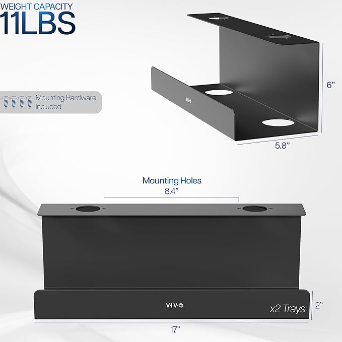 VIVO Under Desk 17 inch Extra Deep Cable Management Trays, Power Strip Holders, Cord Organizers, Wire Tamers for Office and Home, Black, 2 Pack, DESK-AC16-2C