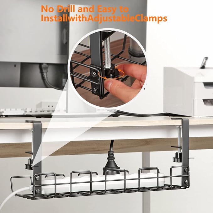 Under Desk Cable Management Tray Organizer for Cord Wire Desk Table Rack No Drill Installation for Home Office Workstation PC Computer Desktop Laptop