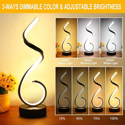 Modern Spiral LED Table Lamp for Bedroom, Bedside Lamps with USB Charging Ports, Dimmable Side Table Lamp Touch Lamps for Nightstand, 3 Colors Modes Desk Lamps for Living Room, Office - Black