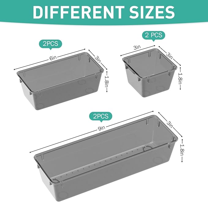 WOWBOX 6 Pack Clear Drawer Organizer Set, Acrylic Drawer Storage Trays, Storage Bins for Makeup, Cosmetics, Jewelries, Utensils, Gadgets, Office, Black