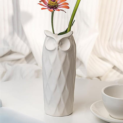 Owl Ceramic Vase Set of 2 for Living Room Bedroom 9.45'' and 8.27'' Modern White Fake Flower Plant Vases for Home Decor Office Table Shelf Fireplace Retro Rustic Farmhouse Vintage Classic Gift