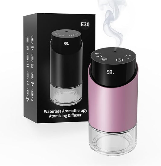 Waterless Essential Oil Diffuser Aromatherapy Scent Diffusers for Home Large Room, Car, Office, Desk, Mini Battery Operated Cordless Air Freshener, 4 Timers & 3 Mist Levels, 100ml Capacity (Pink)