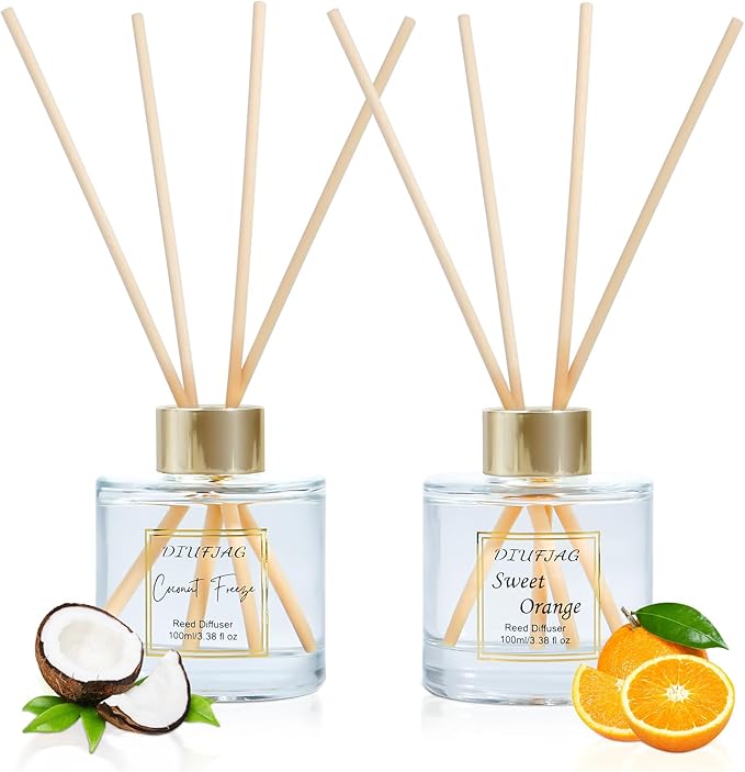 200ml Scent Diffuser with 6 Fiber Sticks, 6.76 oz Reed Diffuser Set Aromatherapy Fragrance Diffusers Air Fresheners for Home Bedroom Bathroom (Coconut Orange)