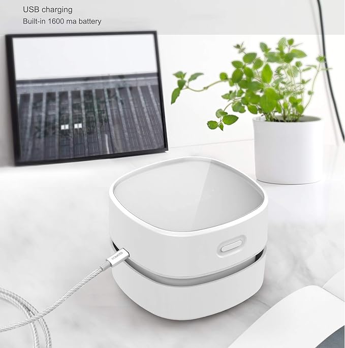 ODISTAR Desktop Vacuum Cleaner,Mini Table dust Sweeper Energy Saving with auto Power-Off Function,High Endurance up to 400 mins,Cordless&360º Rotatable for Keyboard/Home/Office (White USB Charging)