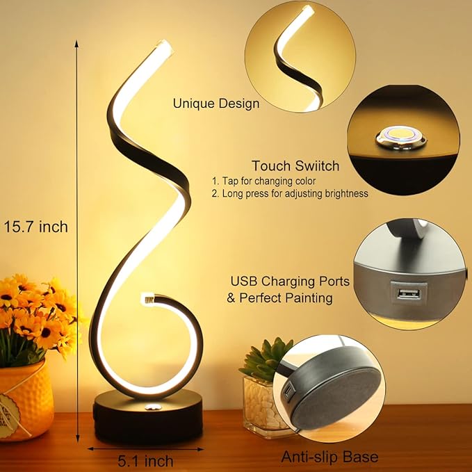 Modern Spiral LED Table Lamp for Bedroom, Bedside Lamps with USB Charging Ports, Dimmable Side Table Lamp Touch Lamps for Nightstand, 3 Colors Modes Desk Lamps for Living Room, Office - Black