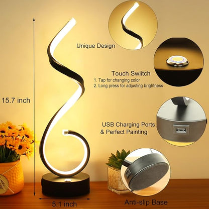 Modern Spiral LED Table Lamp for Bedroom, Bedside Lamps with USB Charging Ports, Dimmable Side Table Lamp Touch Lamps for Nightstand, 3 Colors Modes Desk Lamps for Living Room, Office - Black