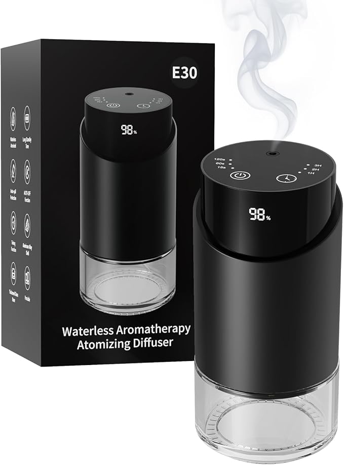 Waterless Essential Oil Diffuser Aromatherapy Scent Diffusers for Home Large Room, Car, Office, Desk, Mini Battery Operated Cordless Air Freshener, 4 Timers & 3 Mist Levels, 100ml Capacity (Black)