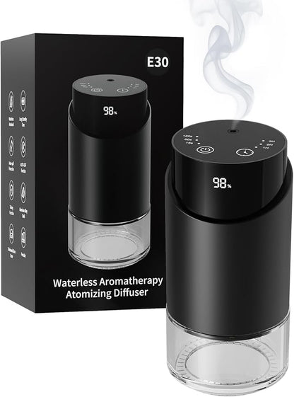 Waterless Essential Oil Diffuser Aromatherapy Scent Diffusers for Home Large Room, Car, Office, Desk, Mini Battery Operated Cordless Air Freshener, 4 Timers & 3 Mist Levels, 100ml Capacity (Black)