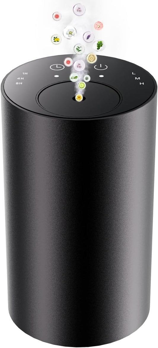 Waterless Essential Oil Diffuser, Portable Aromatherapy Diffuser, Mini Scent Machine, Battery Operated, 1/4/8-Hour Timer, 20ml Capacity, 3 Mist Levels for Home, Car, Room Office,No included oil(Black)