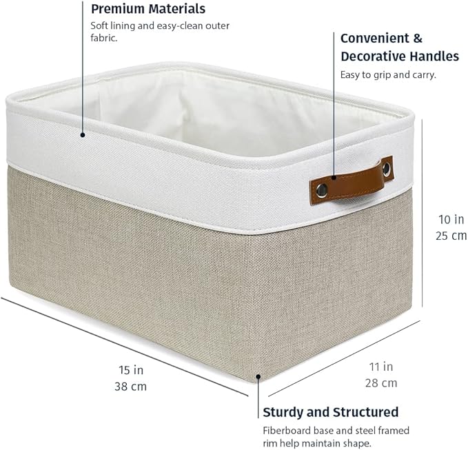 OrganiHaus Large Fabric Storage Baskets for Shelves 3 Pack, 15x11in Closet Storage Bins for Shelves, Canvas Baskets for Organizing, Linen Closet Organizers, Cloth Basket, Beige/Off-White