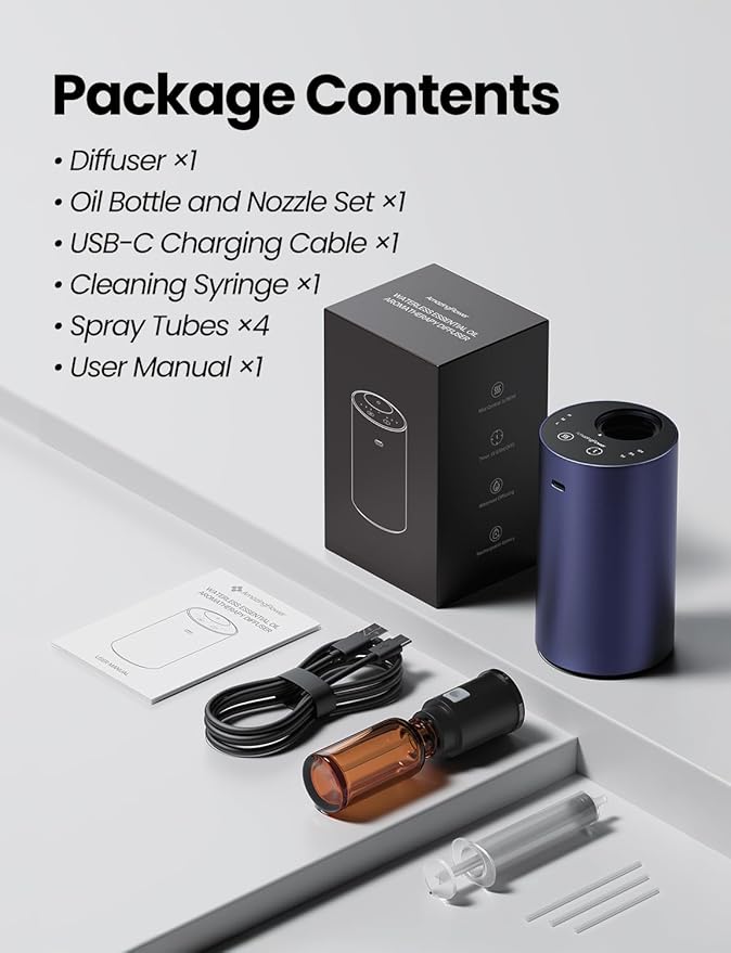 Waterless Essential Oil Diffuser, Rechargeable Scent Diffusers with 3 Mist Levels & Timers, Portable Aromatherapy Diffuser for Home Car Room Studio Office, Deep Blue