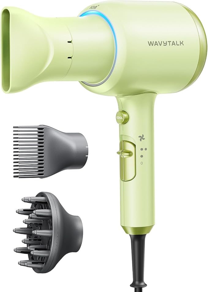 Wavytalk Hair Dryer with Diffuser, Blown Away Ionic Hair Dryer for Curly Hair with Comb, 1875W Fast Drying Blow Dryer with Ceramic Technology, 3 Attachments for All Hair Types, Light and Quiet, Green
